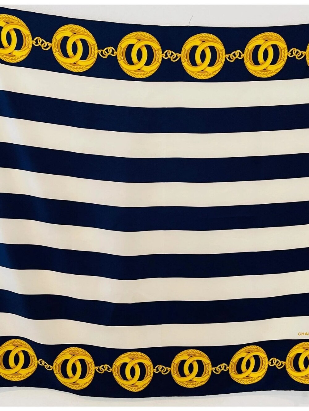 CHANEL Black and White Striped Silk Scarf